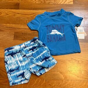 Tommy Bahama Baby Boys 12M Blue Fish Swim Set Shorts Shirt Water Beach Vaca New